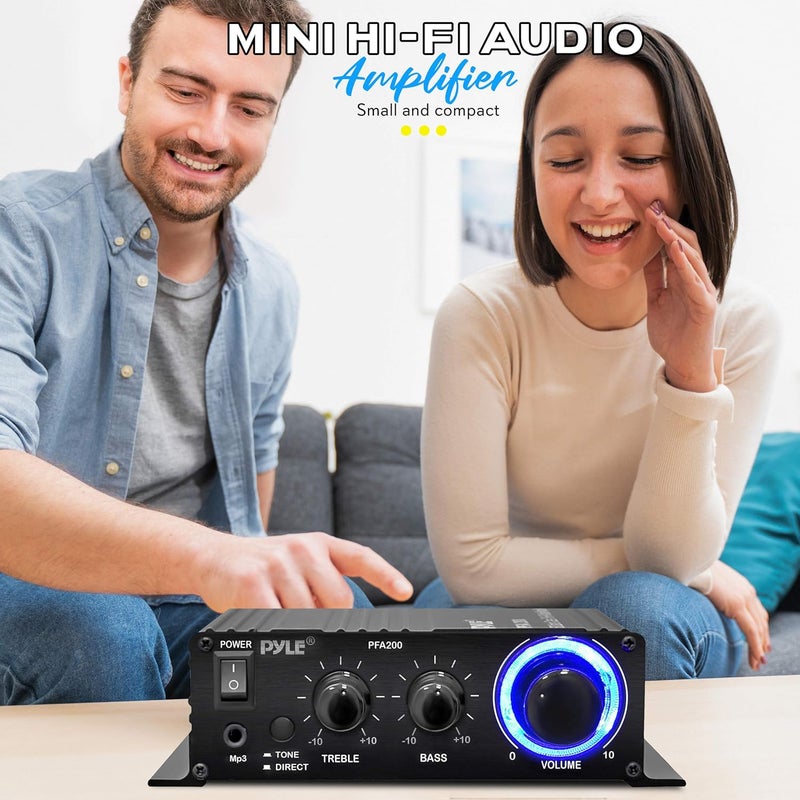 Pyle Home Mini Audio Amplifier - 60W Portable Dual Channel Surround Sound HiFi Stereo Receiver w/ 12V AC Adapter, AUX, MIC IN, Supports Smart Phone, iPhone, iPod, MP3 For 2-8ohm Speakers - PFA200 - Image 5